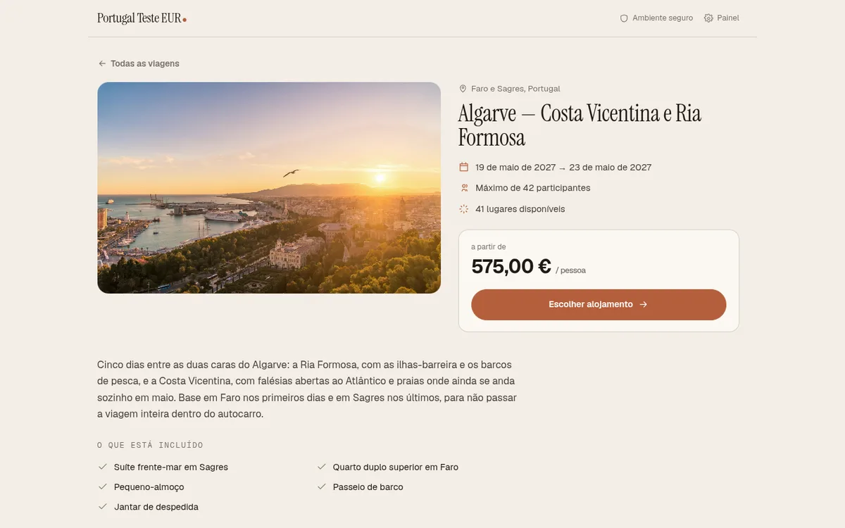 Página pública da viagem com foto, datas, vagas disponíveis, preço por pessoa e botão de escolher alojamento.